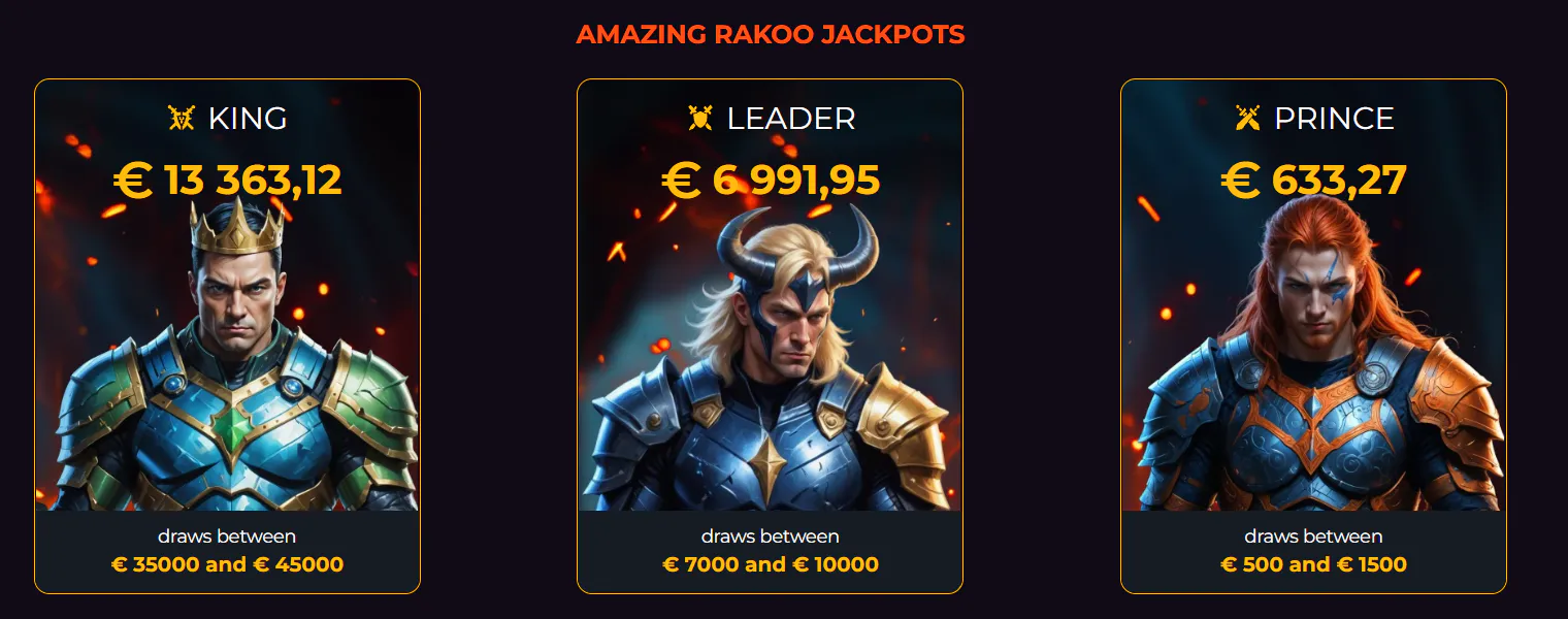 Rakoo Casino jackpots King, Leader en Prince met actuele prijzenpotten van €13.363,12, €6.991,95 en €633,27