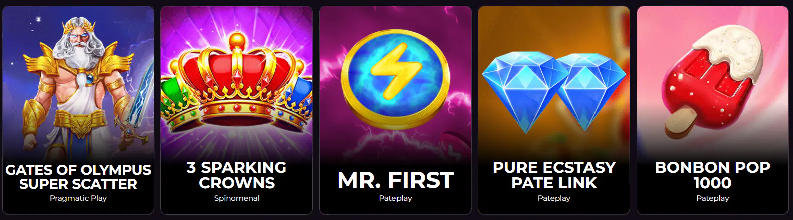 Rakoo Casino selectie van vijf slots: Gates of Olympus Super Scatter, 3 Sparking Crowns, Mr. First, Pure Ecstasy Pate Link en Bonbon Pop 1000